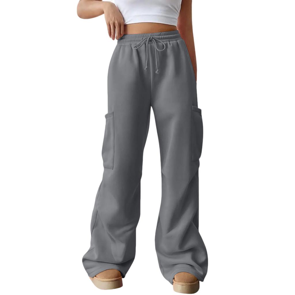 Women's Casual Fashion Solid Color Elastic Waist Drawstring Pocket Wide-Leg Straight-Cut Joggers