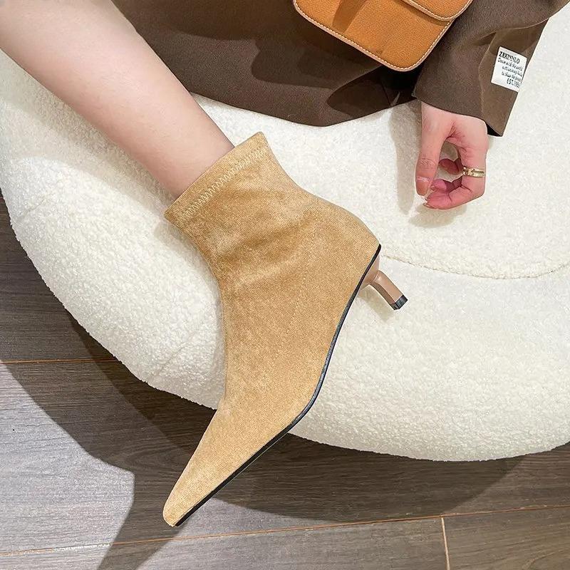 Spring Autumn Suede Women Ankle Boots Fashion Pointed Toe Back Zipper Ladies Elegant Short Booties Thin Low Heel Pumps