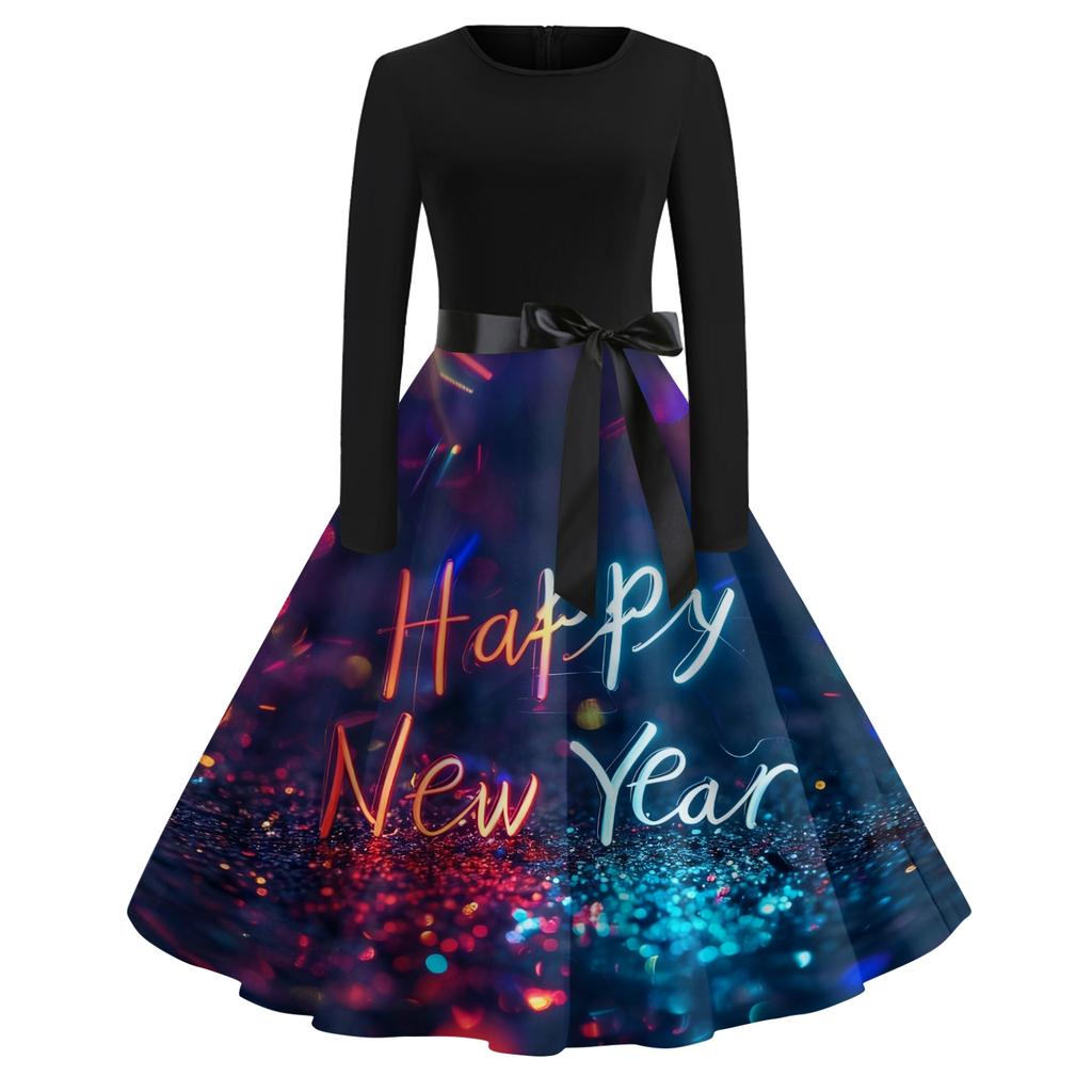 Women's Casual Fashion Round Neck Long Sleeve New Year Printed Retro Dress