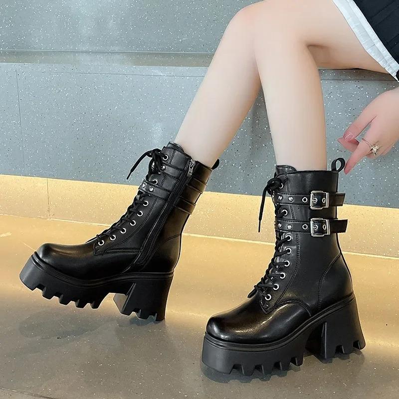 Fashion Trend Punk Women's Boots Buckle Platform Boots Mid-calf Gothic Boots for Women Autumn Ladies Motorcycle Boot Pu Leather Shoes