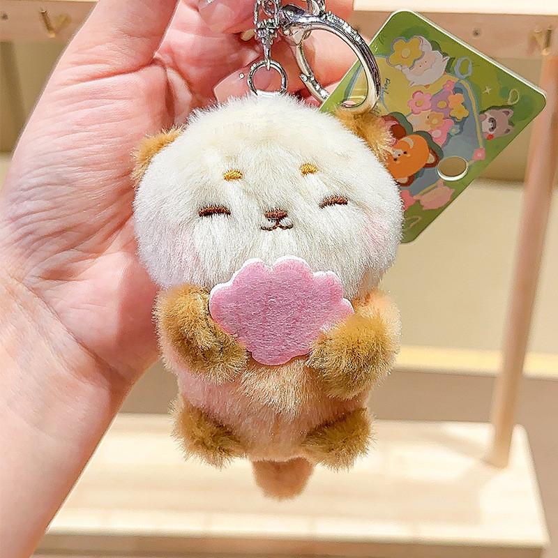 Jinnew Adorable Lamb Cat Take Seashell Otter Little Bear Plush Animal Keychain