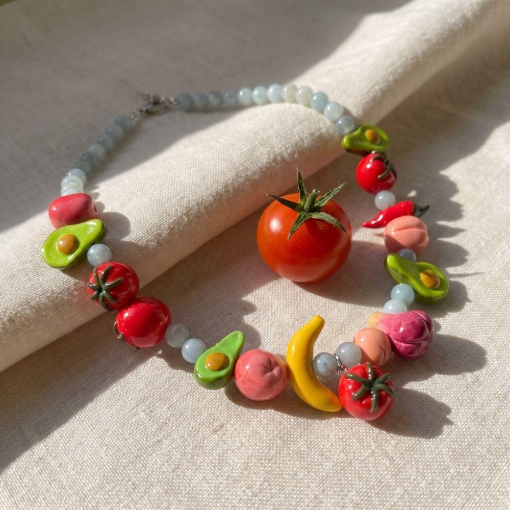 Layered Beads Fruit Necklace Colorful Beads Beaded Clavicle Chain Bohemian Collarbone Chain Women