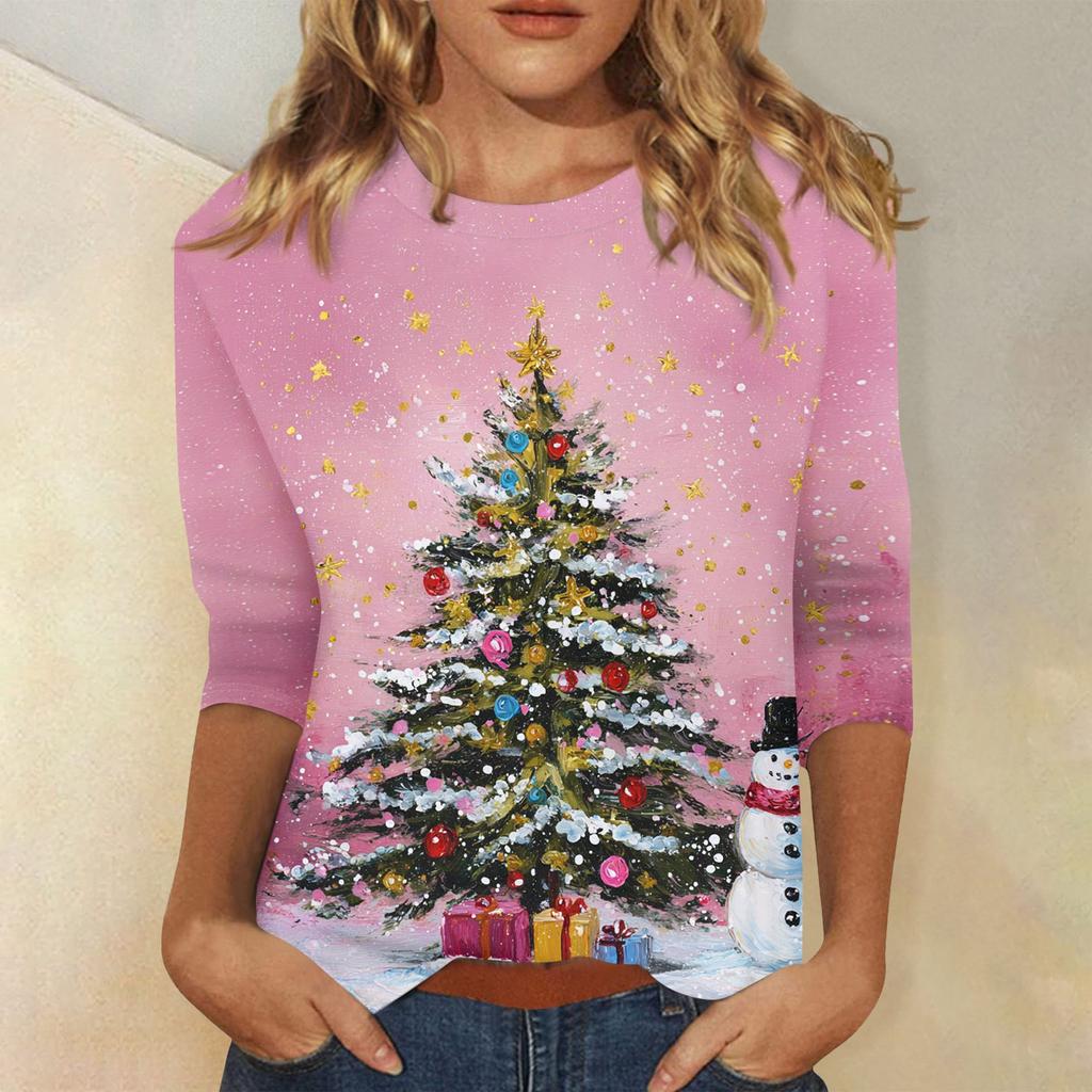 3/4 Sleeve Shirts For Women Print Christmas Tees Blouses Casual Plus Size Basic Tops Pullover