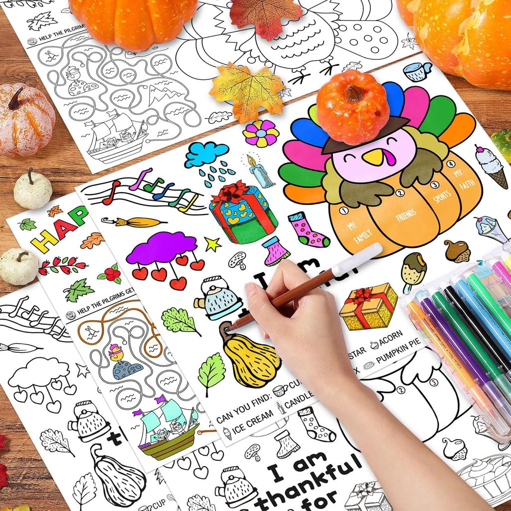 Thanksgiving Coloring Placemats 16PCS 14''x11'' Fall Thanksgiving Placemats for Kids to Color Thanks Giving Paper Table Mats Disposable Place Mats