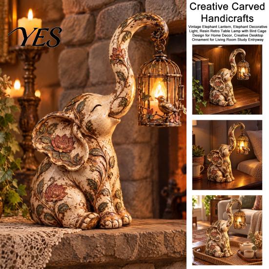 Indoor Atmosphere Lighting Vintage Elephant Lantern, Decorative Light, Resin Retro Table Lamp with Bird Cage Artistic Home Ornament Design for Decor,
