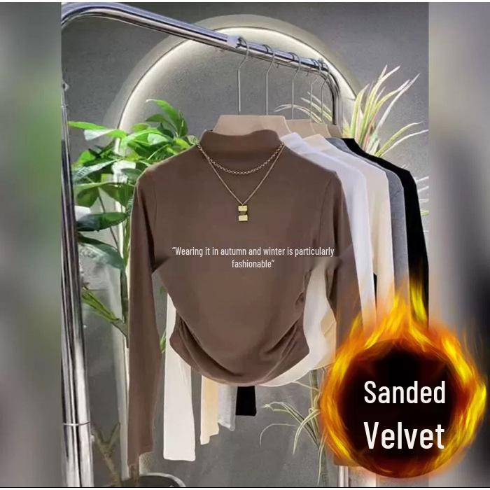 

Женская черная футболка с полувысоким воротом, облегающего кроя, с длинными рукавами, осенне-зимняя, с плиссировкой на талии Large кофейный