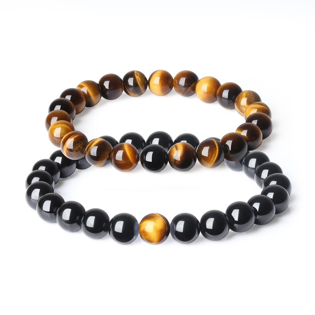 COAI Tiger Eye and Black Tourmaline Power Stone Bracelets for Increased Fortune and and Set of 2 Protection, Men's, Women's, Couples' Sizes,