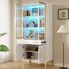 Armadio Alto, Vetrina, Credenza, Mobile da Sala da Pranzo, Vetrina Alta con Ante in Vetro LED APP Effetto Marmo Lucido 2 Cassetti Piedi in Metallo