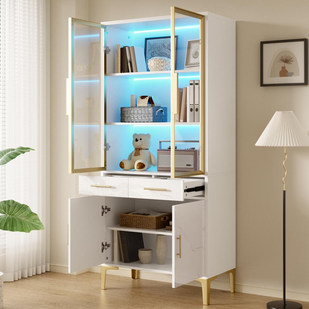 Armadio Alto, Vetrina, Credenza, Mobile da Sala da Pranzo, Vetrina Alta con Ante in Vetro LED APP Effetto Marmo Lucido 2 Cassetti Piedi in Metallo
