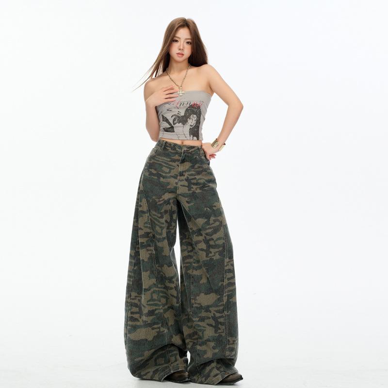 American deconstruction camouflage jeans women's autumn new loose high waist drape thin versatile scimitar wide leg pants