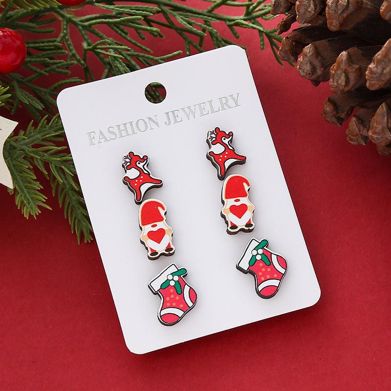 Hot Sale New Christmas Series Wooden Earrings Christmas Tree Bells Snowman Stud Earrings Set