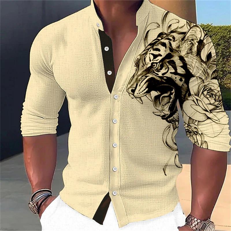 Men's Long Sleeved Shirt 3D Abstract Printing Standing Collar Button Up Shirt Fashion Street Designer Designs Men's Clothing