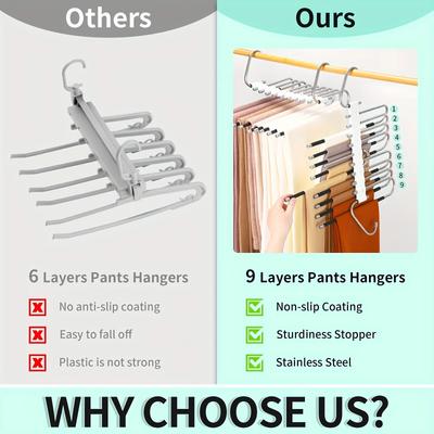 1pc Space-Saving S-Type Pants Hanger - 9-Tier Non-Slip Organizer,Extra 5 Hooks for Jeans, Leggings, Trousers,Increases Closet
