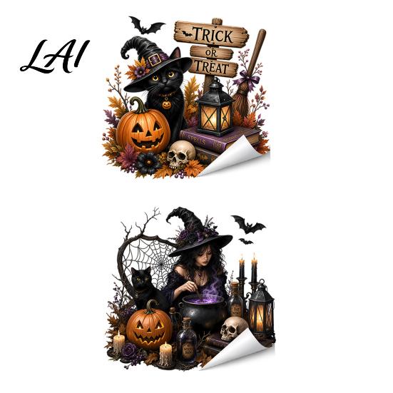 Static Cling Decals Halloween Witch/Black Cat Glass Stickers Double-sided PVC Waterproof Window Clings Removable Shop Display Stickers with Pumpkins