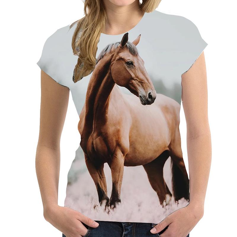 Summer Round Neck 3D Print Horse Pattern Top Fashionable Casual Short Sleeved Women's T-shirts