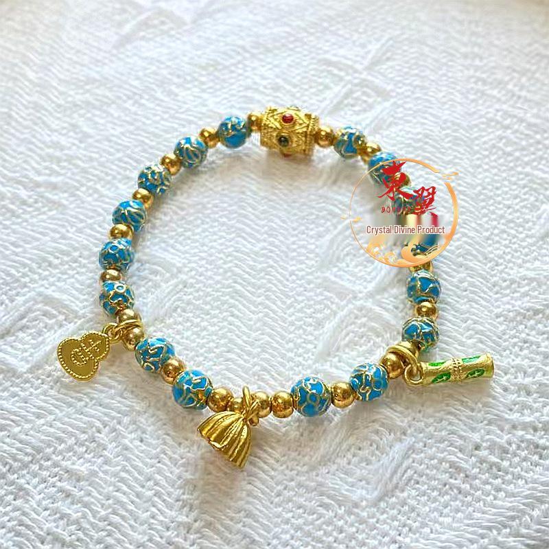 Lake Blue Cloisonné Enamel Luck-Turning Bead Bracelet with Gold Foil and Ash Glaze Lotus Pod Design