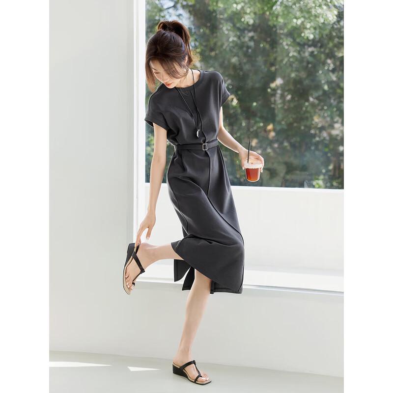 Relaxed Fit Crew Neck T-Shirt Maxi Dress with Slit & Belt