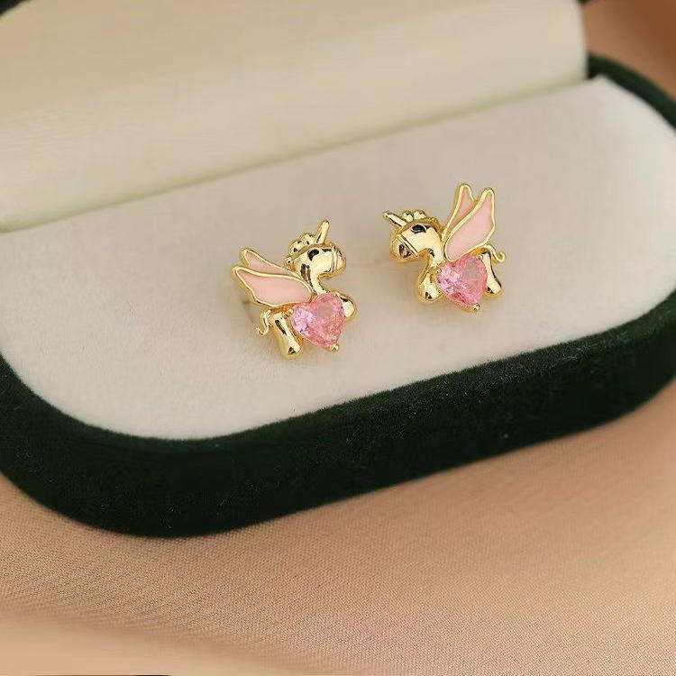 Silver needle Korean sweet and cute diamond-encrusted natal year pony stud earrings niche earrings small earrings