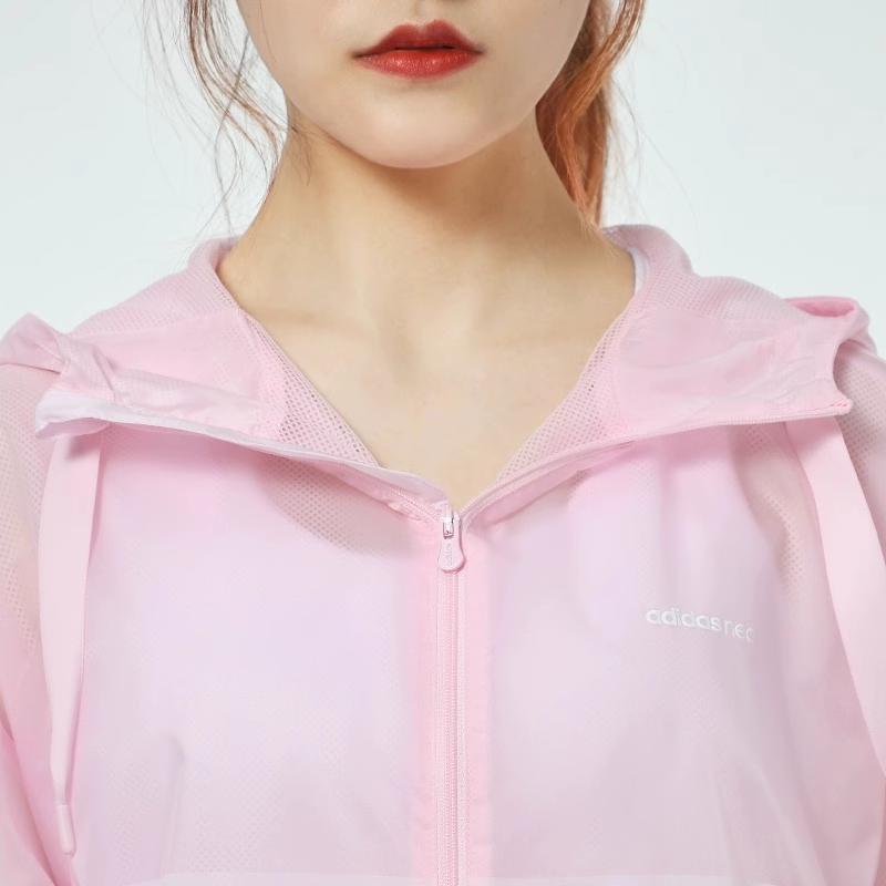 adidas Neo Solid Color Logo Stripe Woven Hooded Sports Jacket Women Clear-Pink GP5471