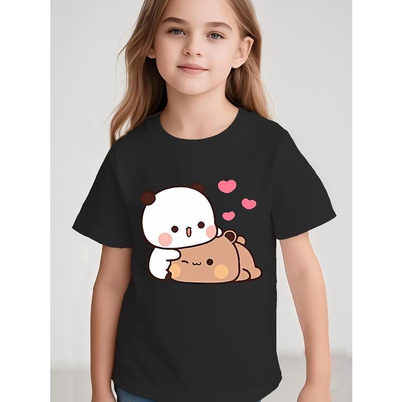 European Sizes Girls' Bright Yellow Cute Panda & Teddy Bear Graphic T-Shirt Everyday & Party Wear - Spring/Summer Outfits for Kids