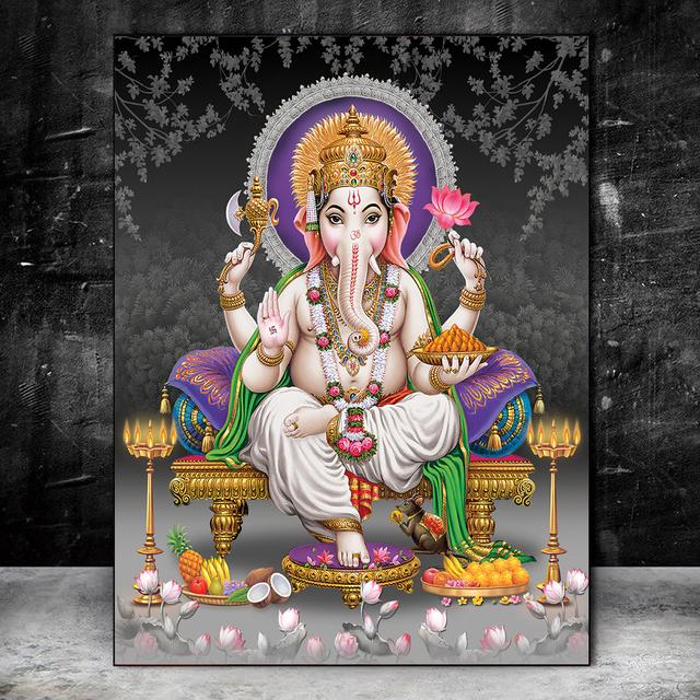 Indian Elephant God Paints Gold Ganesha Temple Poster On Canvas Modern