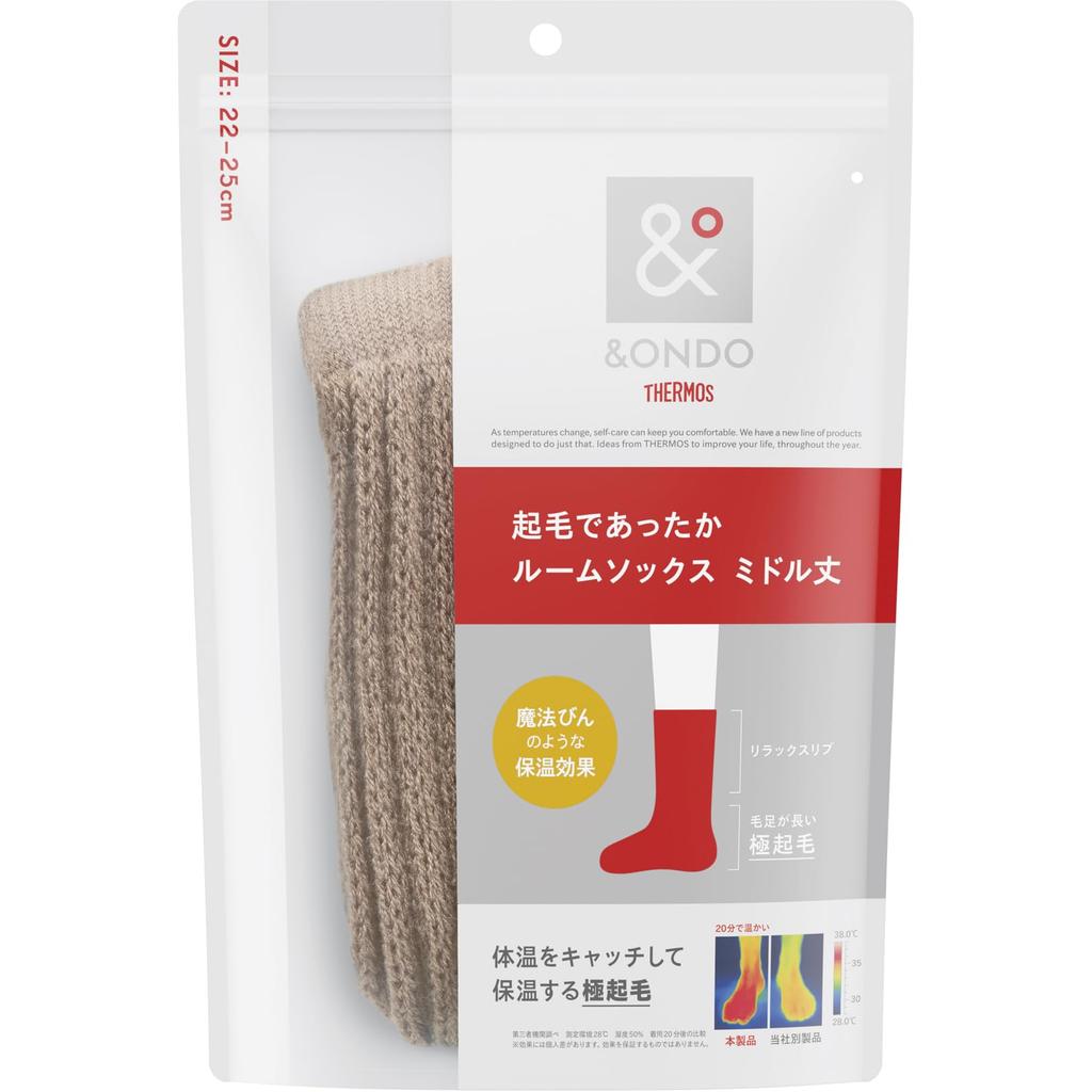 [Thermos] &ONDO Warm Fleece Lined Room Socks, Mid-Length, 22-25cm, Black - Thermal Insulation for Winter Cold Protection, Warm Cozy Socks