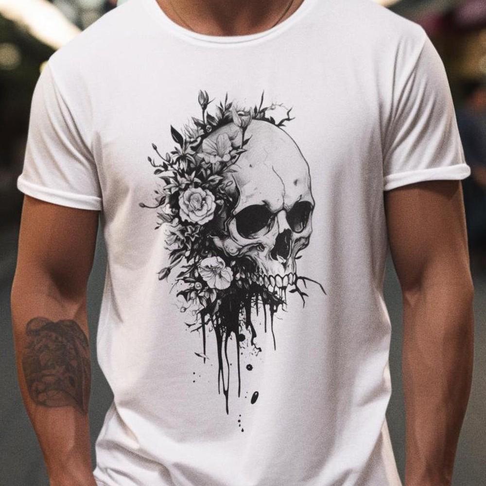 26Floral Skull T-Shirt – Monochrome Gothic Design Featuring a Skull and Roses Unisex T-Shirt L