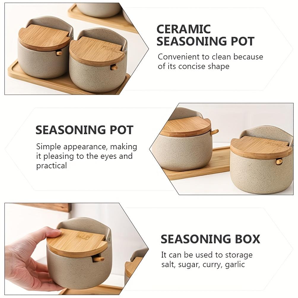 Japanese Style Ceramic Seasoning Jar Bamboo Lid Spice Jar With Spoon Kitchen Sugar Salt Spices Storage Box Household Container