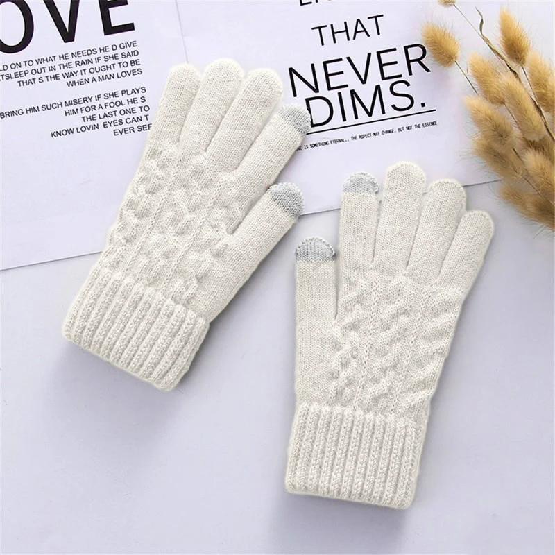 Warm Knitted Women Gloves for Autumn Winter Touch Screen Multi Color Double Layer Thick Plush Five Finger Riding Cold Resistant