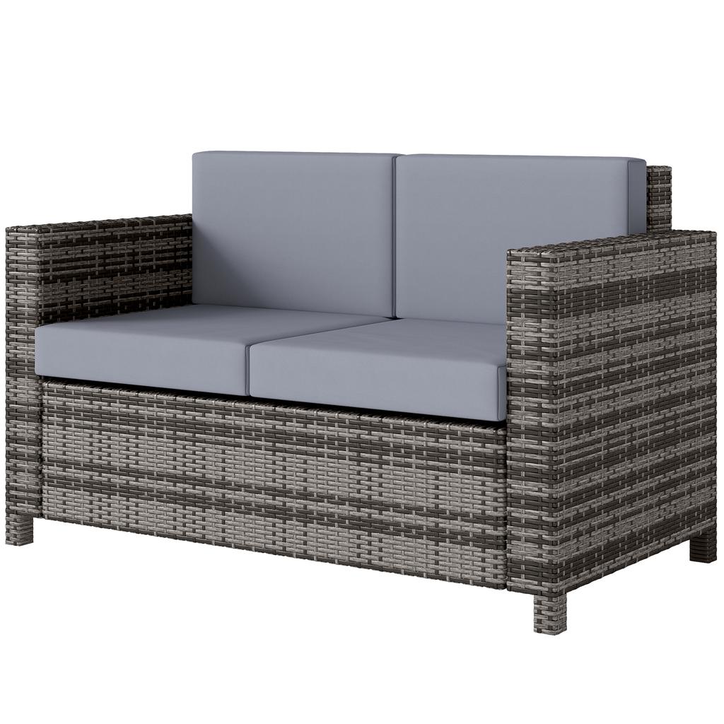 Rattan Sofa, 2 Seater Garden Furniture with Soft Padded Cushion and Armrests, Wicker Garden Loveseat for Patio, Mixed Grey