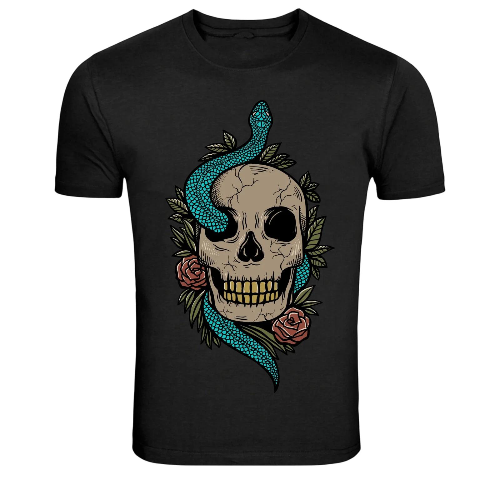 Skull With Blue Snake Tattoo Style Graphic T-Shirt L