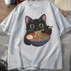 Japanese Food Cartoon T-Shirt Cute Big Eye Black Cat Eating Ramen Chopsticks Noodle Bowl Print Unisex Oversized Short Sleeve