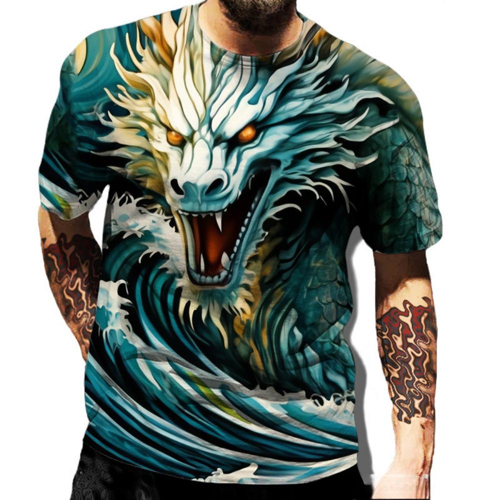 Summer Round Neck 3D Dragon Series Print Top Fashionable Casual Short Sleeved Men's T-shirts