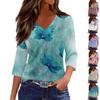 Women's Casual V-Neck Blouse With Gradient Floral Print, Split Hem, And 3/4 Sleeves