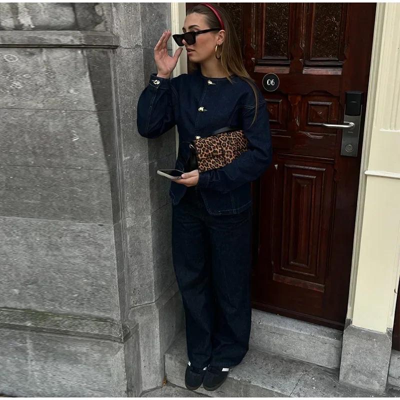 Fashion Denim Jacket Women O-neck Single Breasted Loose Long Sleeves Coat Spring Female Outwear