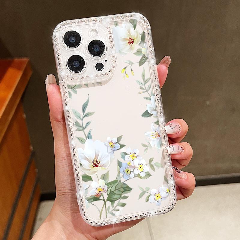 Diamond Frame Clear Anti-Fall Phone Case For iPhone 16E 16 Pro 15 Pro Max 14 13 12 11 Floral Print Soft Silicone Shockproof Bumper Cover
