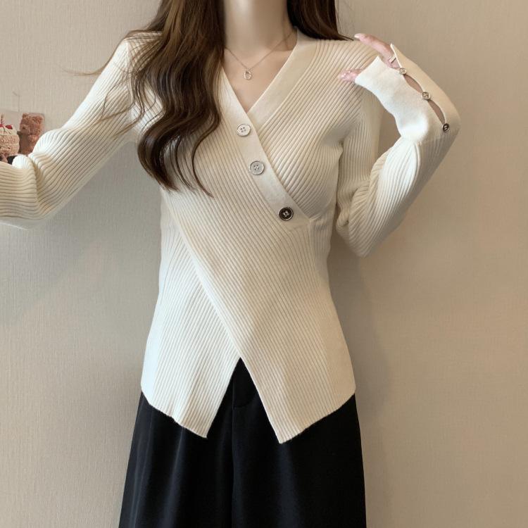 Koreanische Kpop V-Ausschnitt Solide Pullover Herbst Schlanke Taille Split Tops Frauen Langarm Bodenbildung Gestrickter Pullover