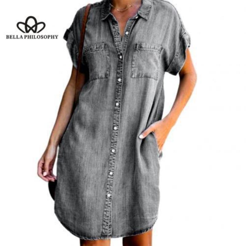 Short Sleeve Slim Fit Denim Dress Mid-Length Women's Dress Fashionable Street Style Casual Style