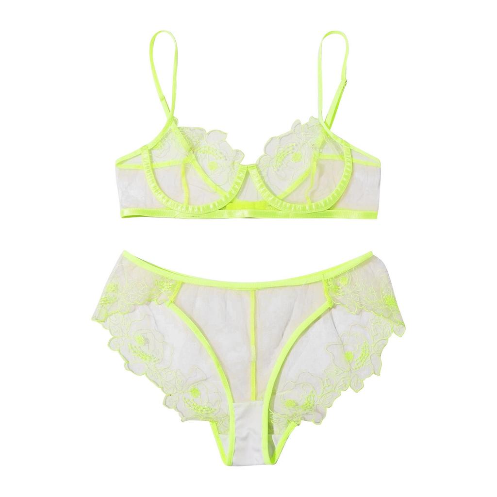 Women's Sexy Lace Flower Mesh Embroidered Sheer Lingerie Two Piece Set