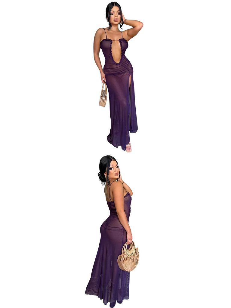 Sexy durchsichtiges Netzkleid mit hohem Schlitz für Damen