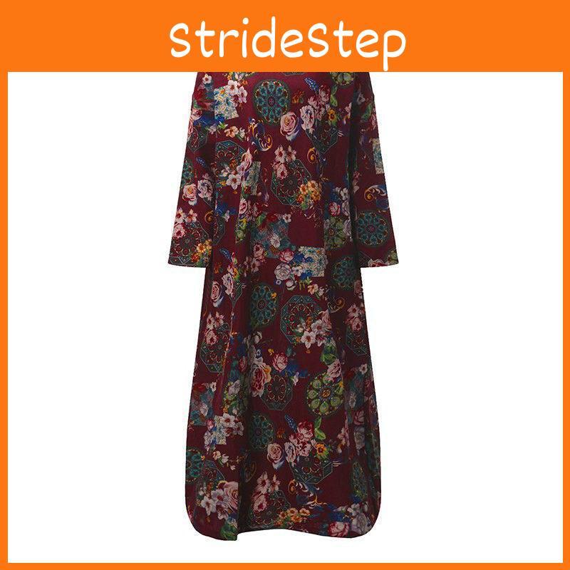 Women Vintage Casual Floral Printed Loose Dress Kaftan Long Maxi Shirt With Timeless Design