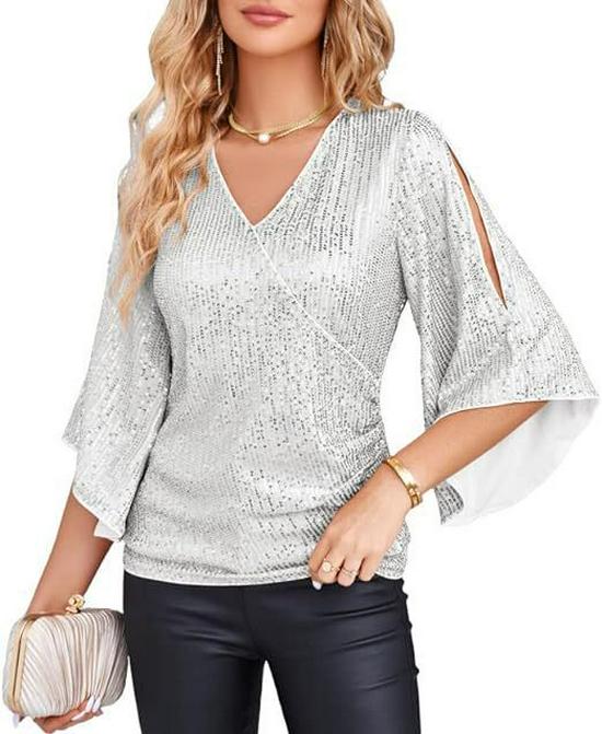 Women's Loose V-neck Sequin Flare Sleeve Top - Trendy Casual Vacation T-shirt