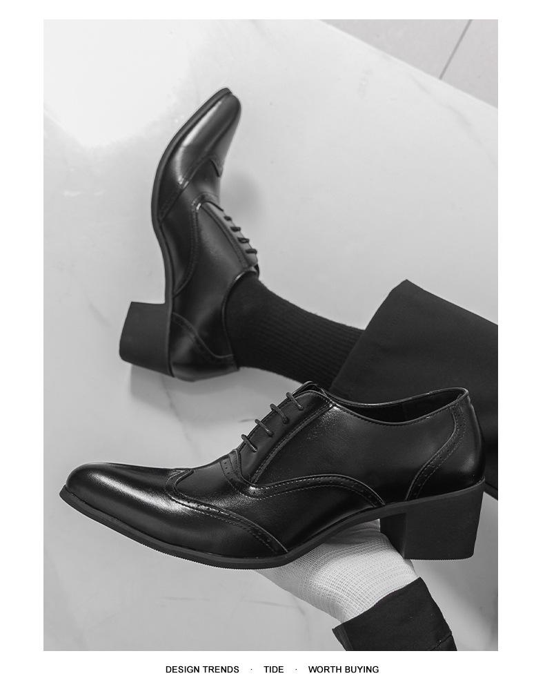Men's British Autumn Formal Leather Shoes - Pointed Toe, Low-Top, Breathable, Lace-Up, Large Size, High Heel.