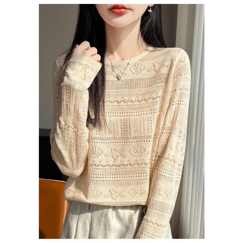 Women S Loose Long Sleeve Round Neck Cutout Knit Sweater Base Layer