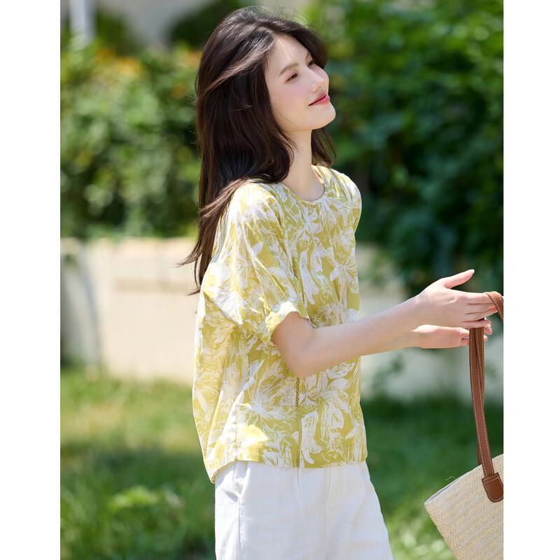 Women's Cotton Printed Puff Sleeve Short Sleeve Blouse