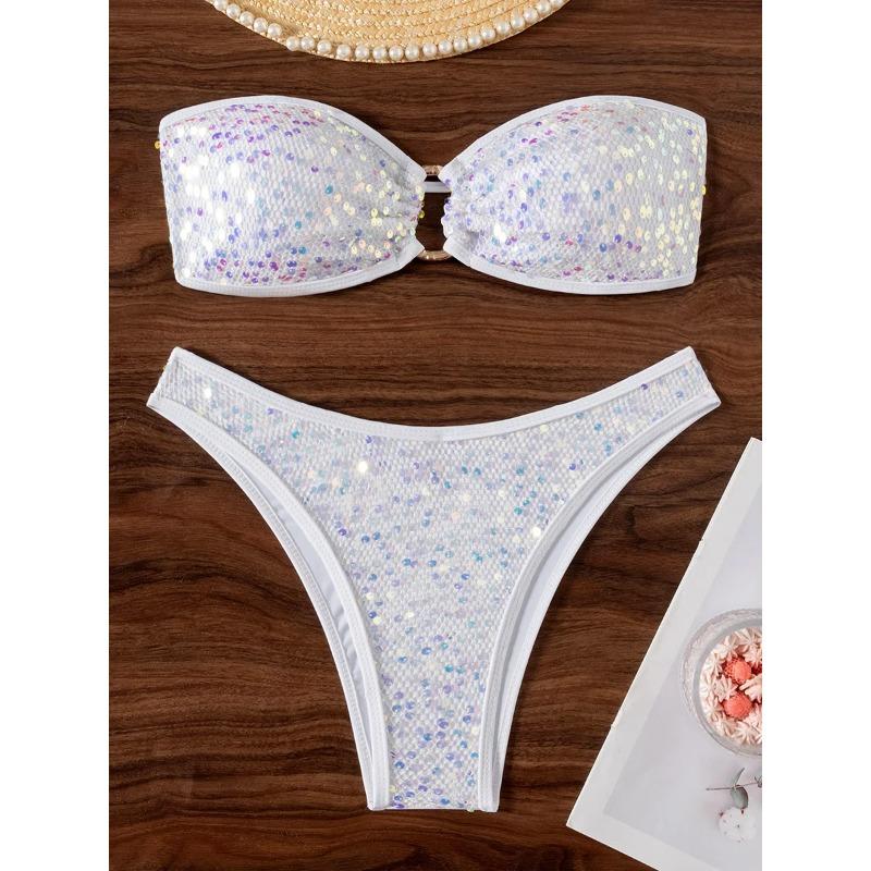 Sequins Shiny Mesh Bandeau Bikini Female Swimsuit Women Swimwear Two-pieces Bikini Set Brazilian Bather Bathing Suit Swim Lady