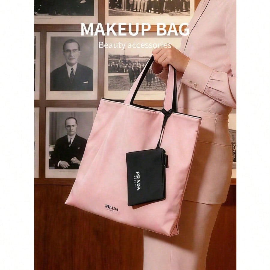 PRADA Pink Nylon Tote Makeup Bag with Mini Zipper Pouch Printed Logo Large Capacity Women Travel Handbag