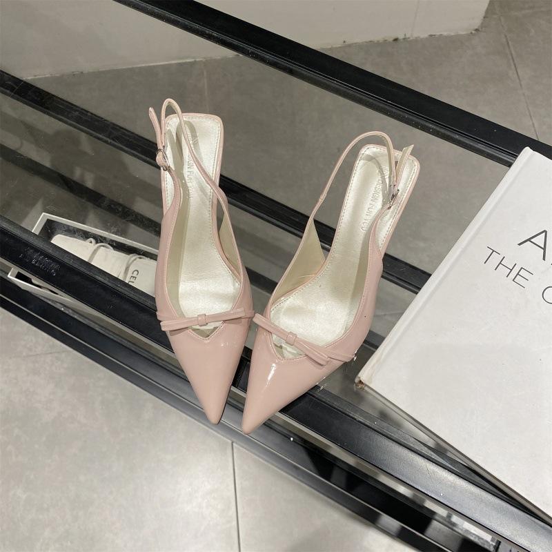 2025 Spring and Autumn New Pointed High Heels Niche Temperament Single Shoes Women's Patent Leather Bow Thin Middle Heel Bag Head