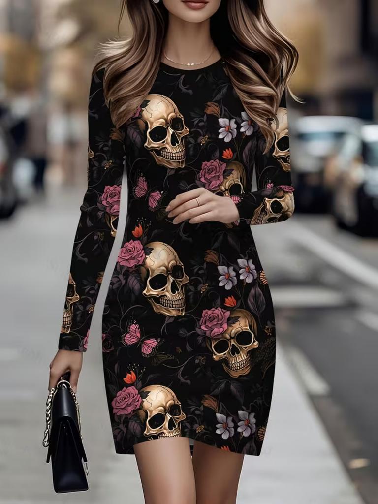 Women's printed round-neck oversized dress, comfortable fall/winter pullover shirt,Long-sleeved and fitted dress