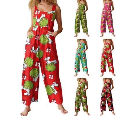 Women's Casual Loose Jumpsuit Christmas Print Wide Leg Jumpsuit Sleeveless With Pockets